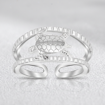 Sterling Silver Rhodium Plated Open Toe Ring with a Turtle Accent