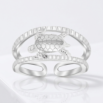 Sterling Silver Rhodium Plated Open Toe Ring with a Turtle Accent