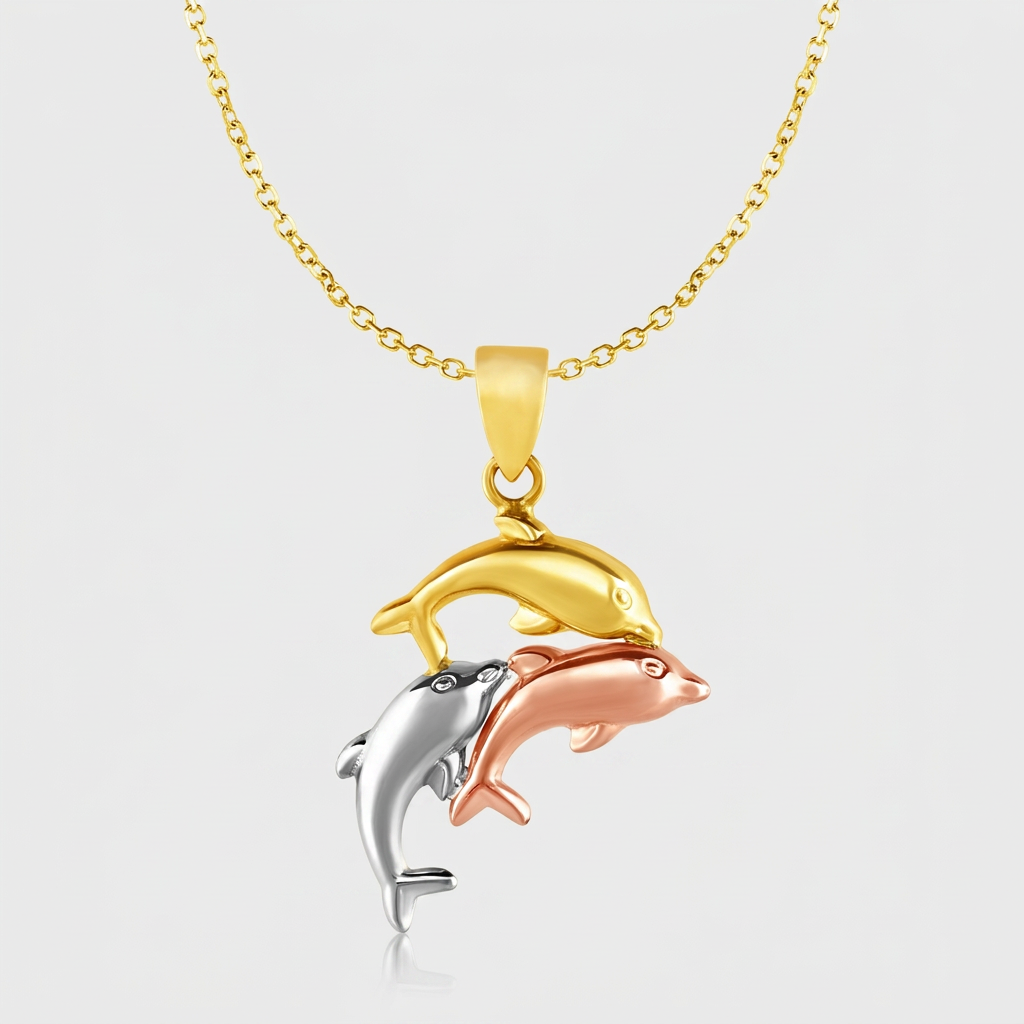 Pendant with Three Dolphins in 10k Tri Color Gold  DestGlow