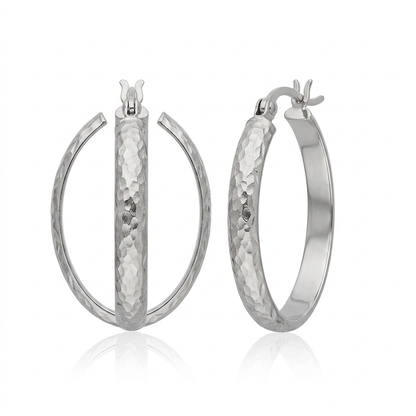 10k White Gold Hammered Oval Hoop Earrings