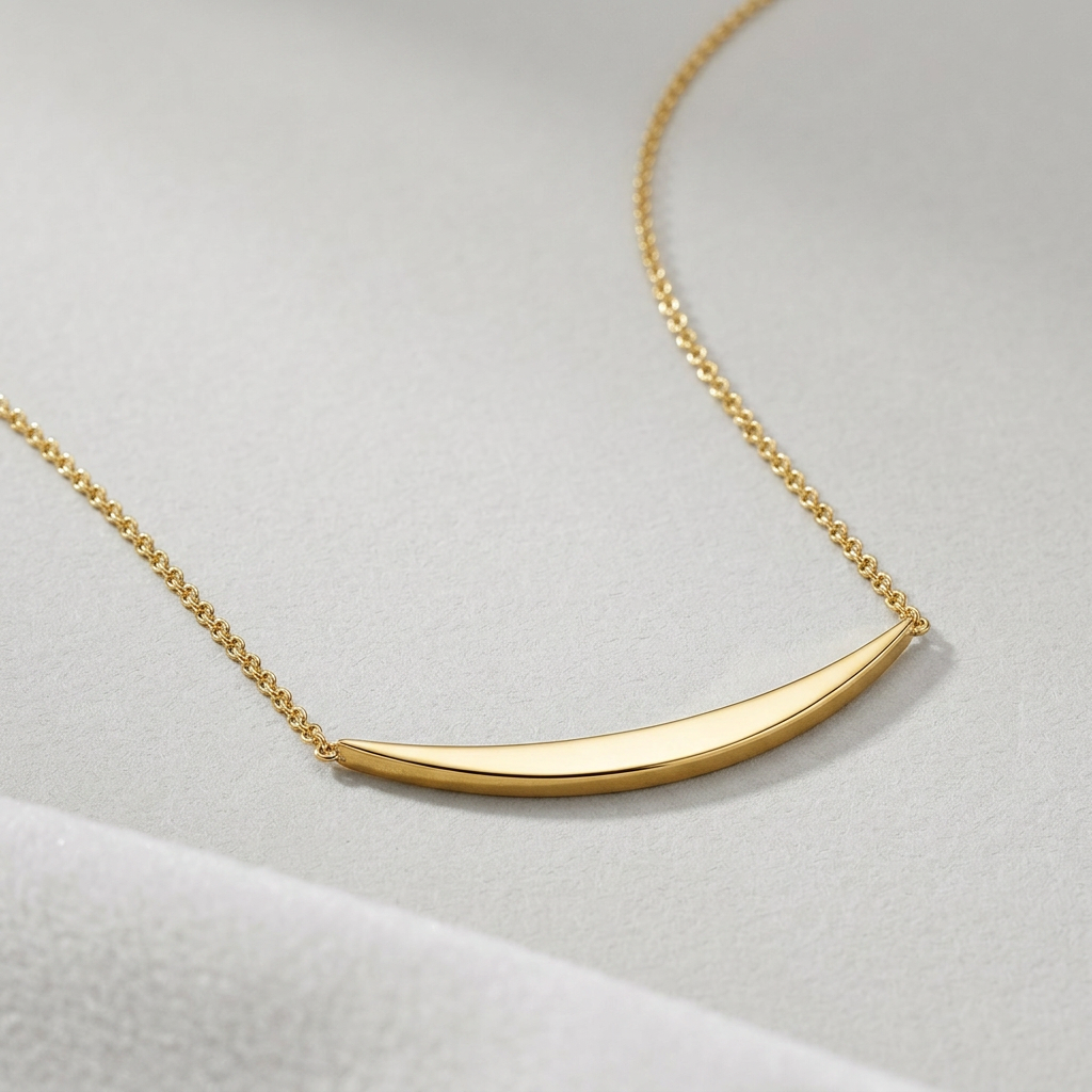 14k Yellow Gold Necklace with Polished Curved Bar Pendant  DestGlow