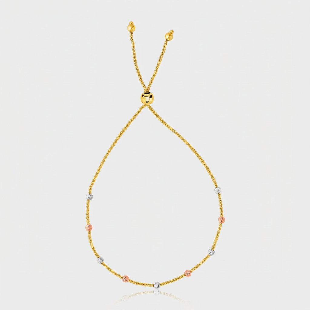 14k Tri-Color Gold Textured Bead Station Lariat Bracelet  DestGlow