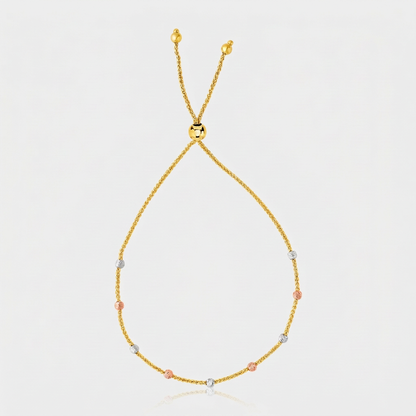 14k Tri-Color Gold Textured Bead Station Lariat Bracelet