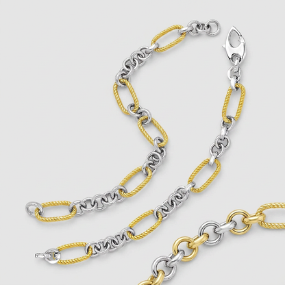 14k Two-Tone Gold Bracelet with Cable Textured Oval and Round Links
