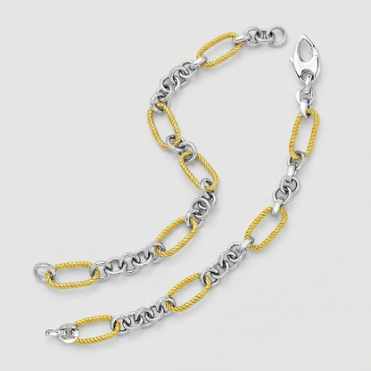 14k Two-Tone Gold Bracelet with Cable Textured Oval and Round Links