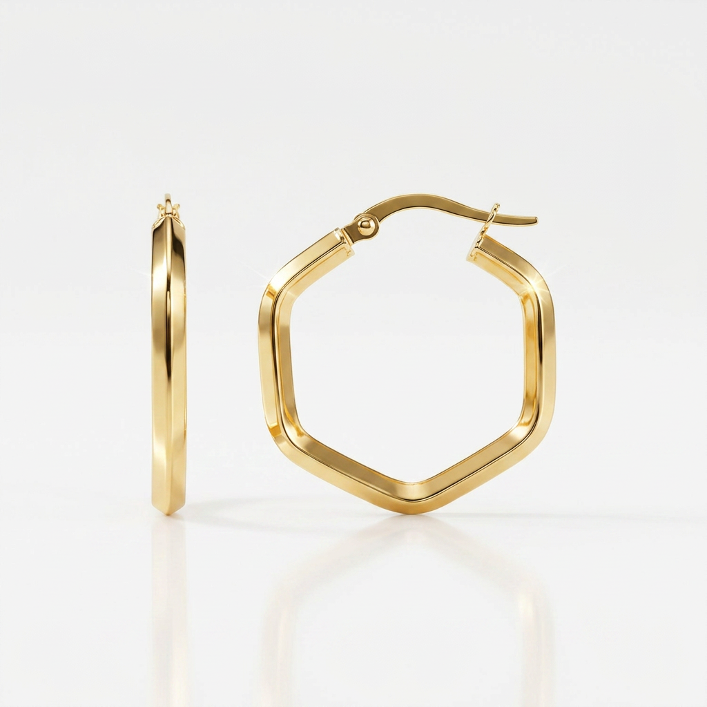 14k Yellow Gold Shiny Hexagon Hoop Earrings  DestGlow