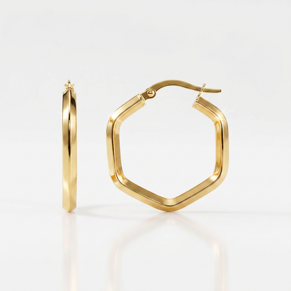 14k Yellow Gold Shiny Hexagon Hoop Earrings