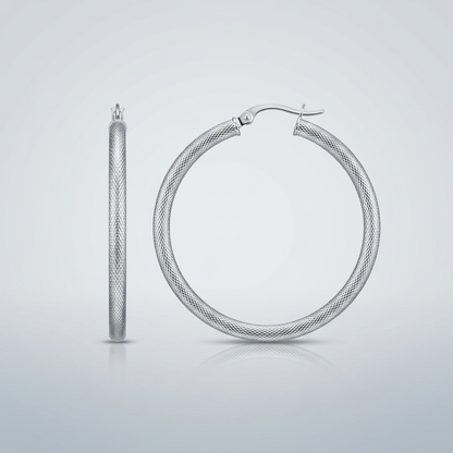 Sterling Silver Large Textured Round Hoop Earrings
