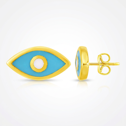 14K Yellow Gold Blue Evil Eye Earrings with Enamel