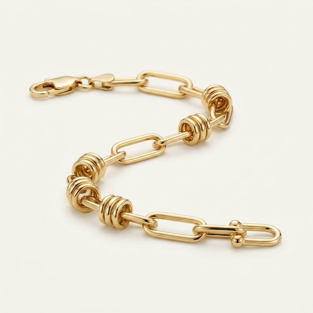 14k Yellow Gold High Polish Paperclip Rondel Link Chain Bracelet