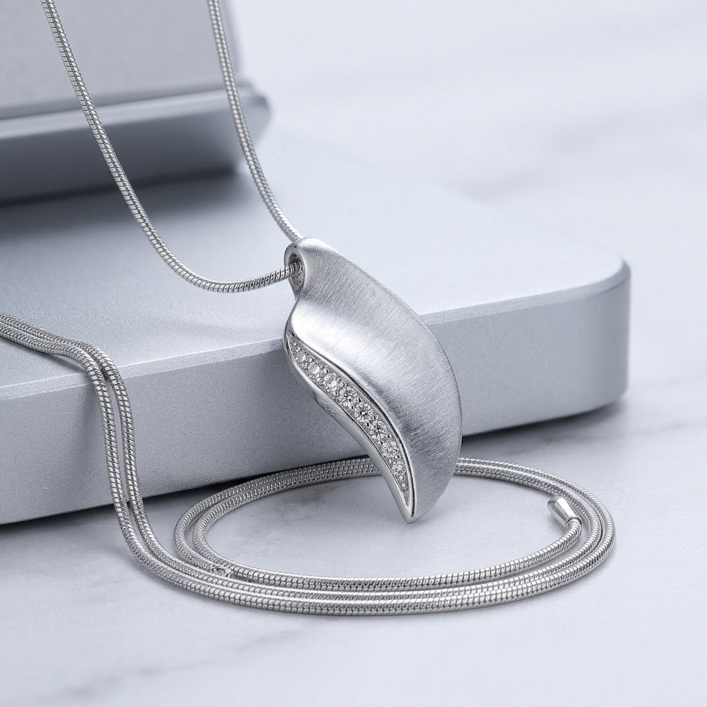 Avera Crystal Leaf Necklace in Polished Silver