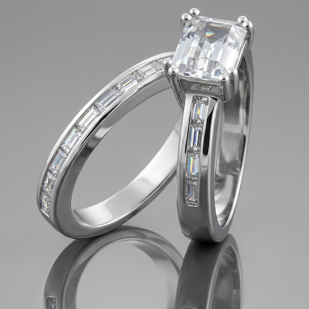 Avera Princess Baguette Wedding Set in Sterling Silver  DestGlow