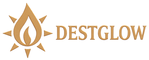 Destglow logo with a stylized droplet design on a light background