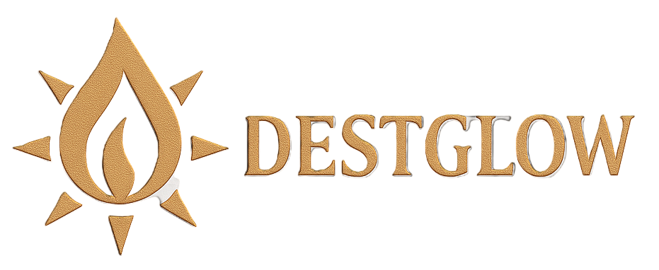 Logo of DESTGLOW with a stylized flame design on a black background