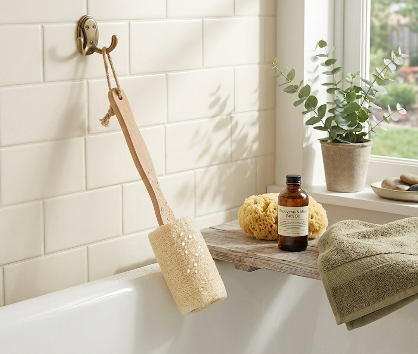 Natural Loofah Bath Brush w/Long Handle. by BeNat