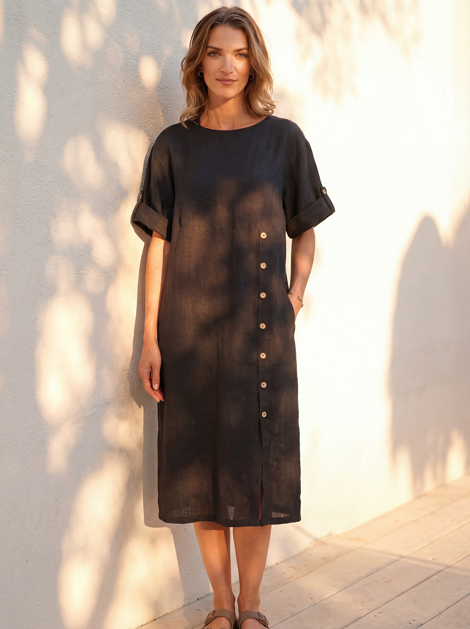 100% Linen Round Neck Button Detail Midi Dress JELENA by LINTICO