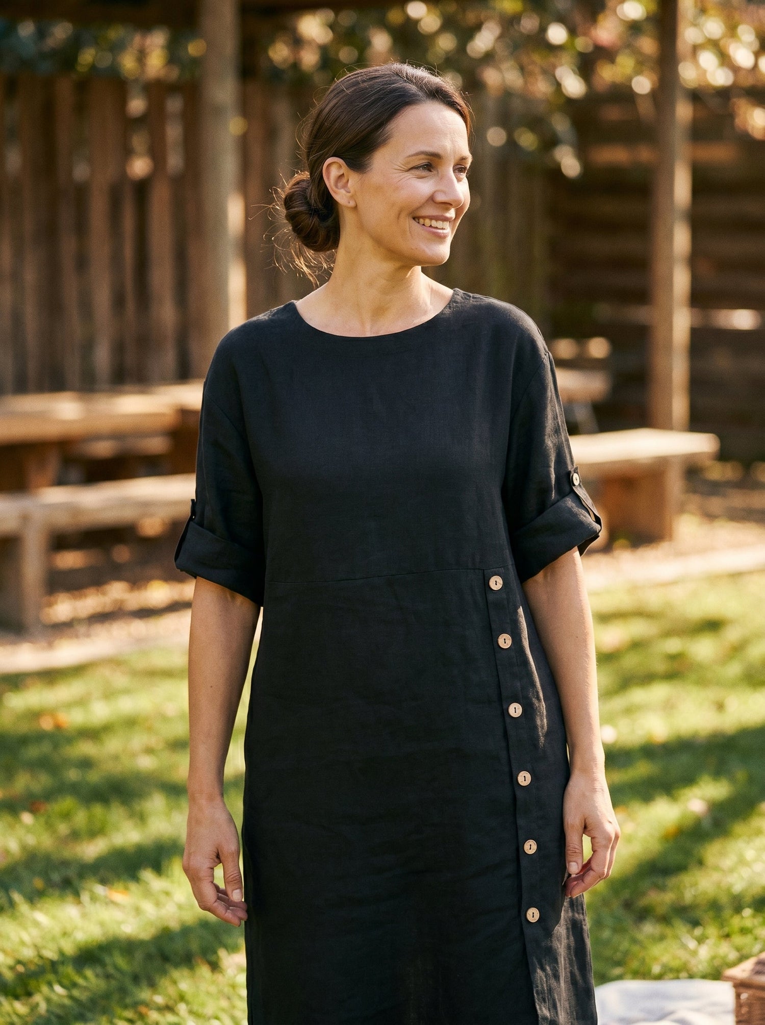 100% Linen Round Neck Button Detail Midi Dress JELENA by LINTICO
