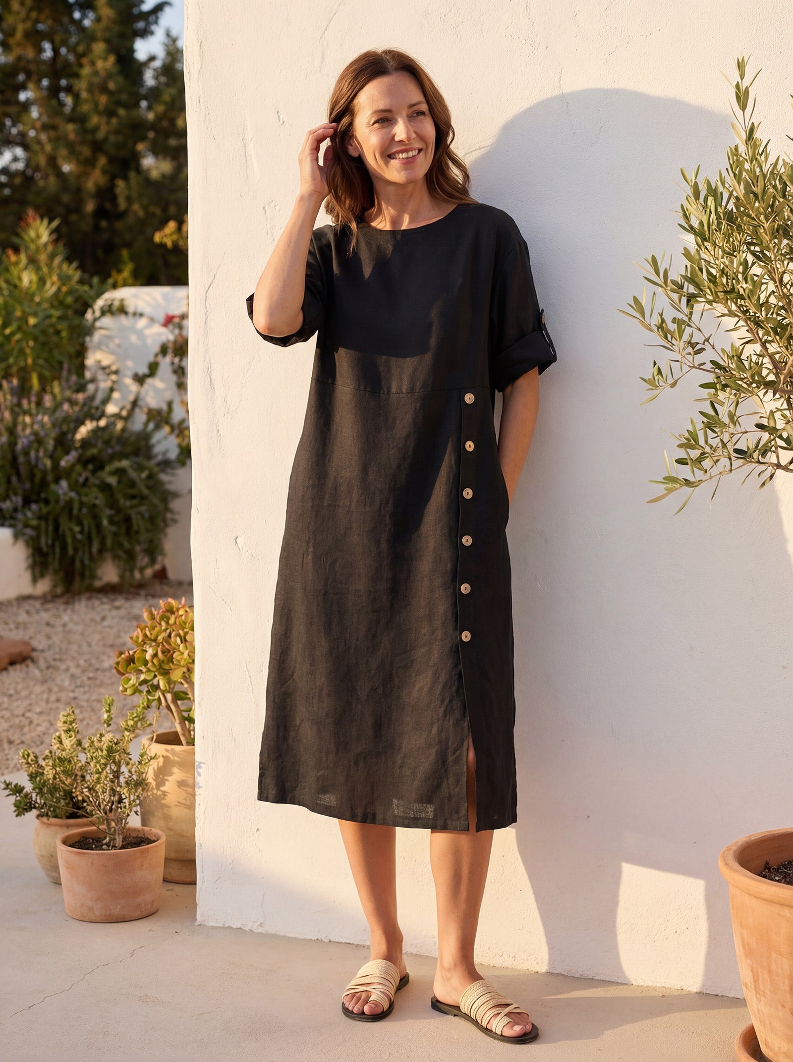 100% Linen Round Neck Button Detail Midi Dress JELENA by LINTICO