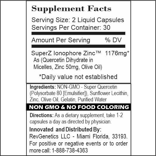 Super Z - Nano Quercetin with Zinc in Micelles Supplement - Advanced Micelle Ionophore Formula for Anti-aging Health - Immune to plain Zinc- Better than liposomal -By RevGenetics by RevGenetics