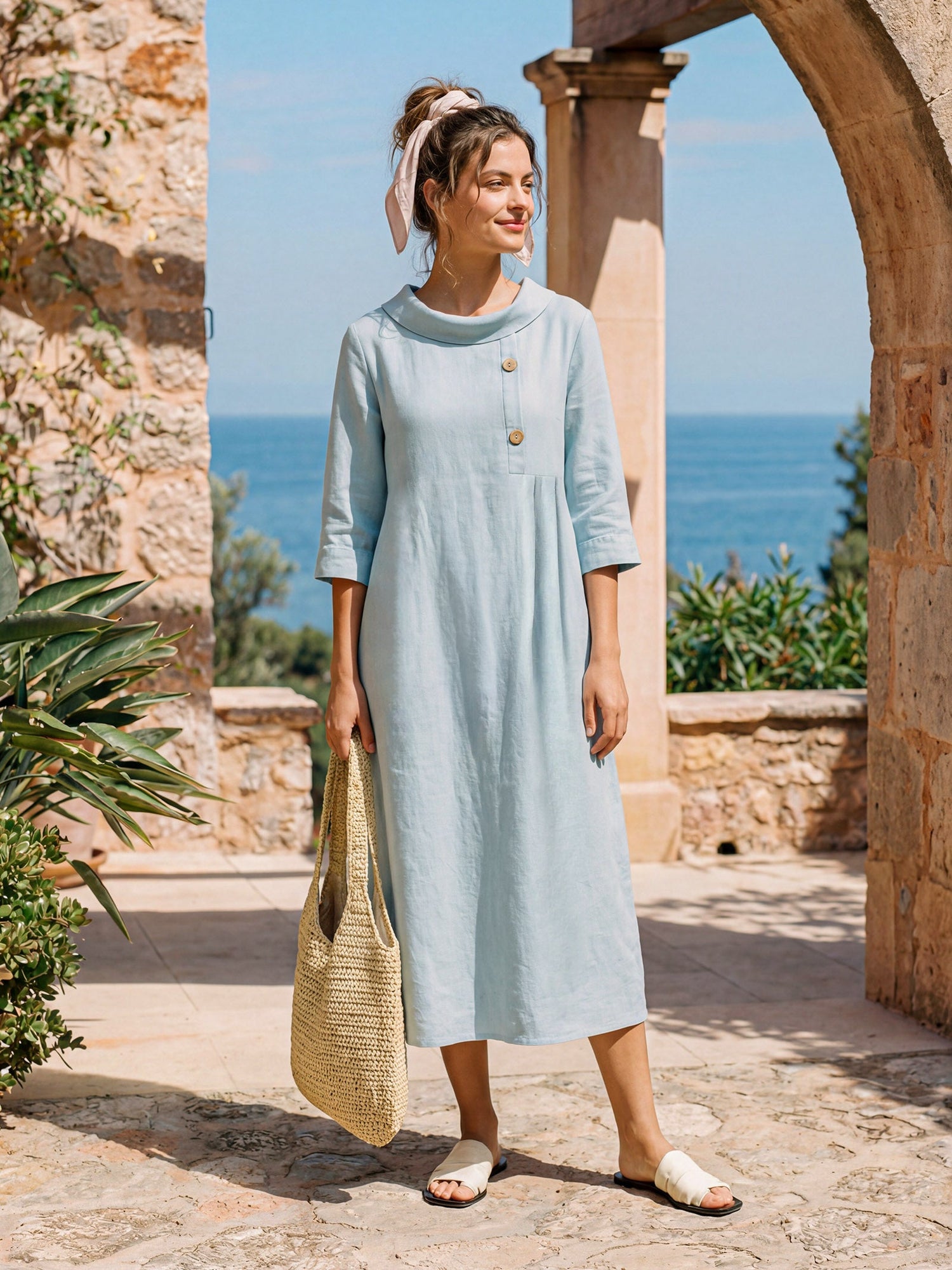 100% Linen Rolled Collar Asymmetric Button Maxi Dress ELARAINE by LINTICO