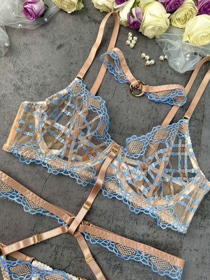 Sophia Blue &amp; Beige Plaid Lingerie Set
