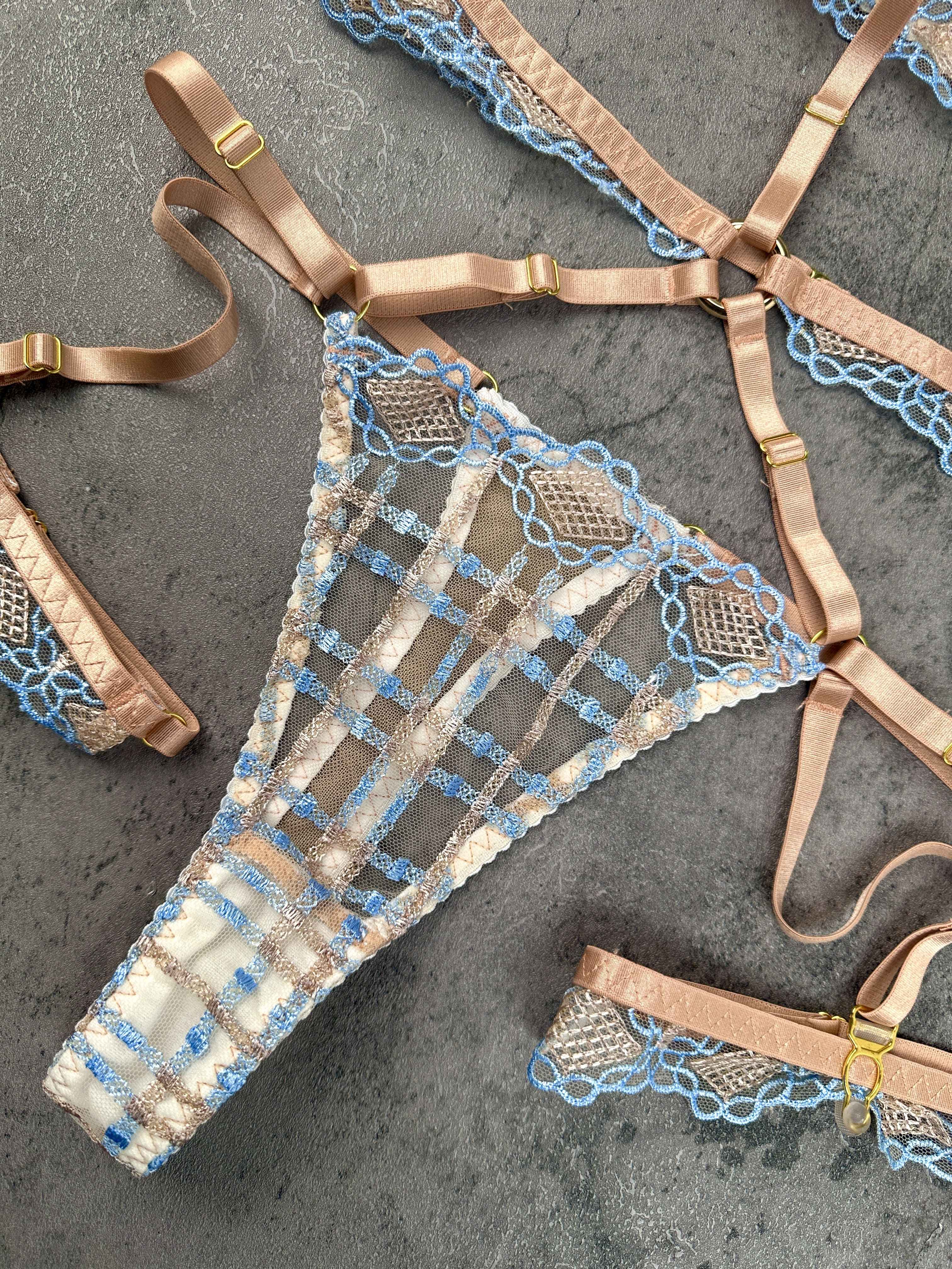 Sophia Blue &amp; Beige Plaid Lingerie Set