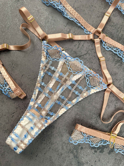 Sophia Blue &amp; Beige Plaid Lingerie Set
