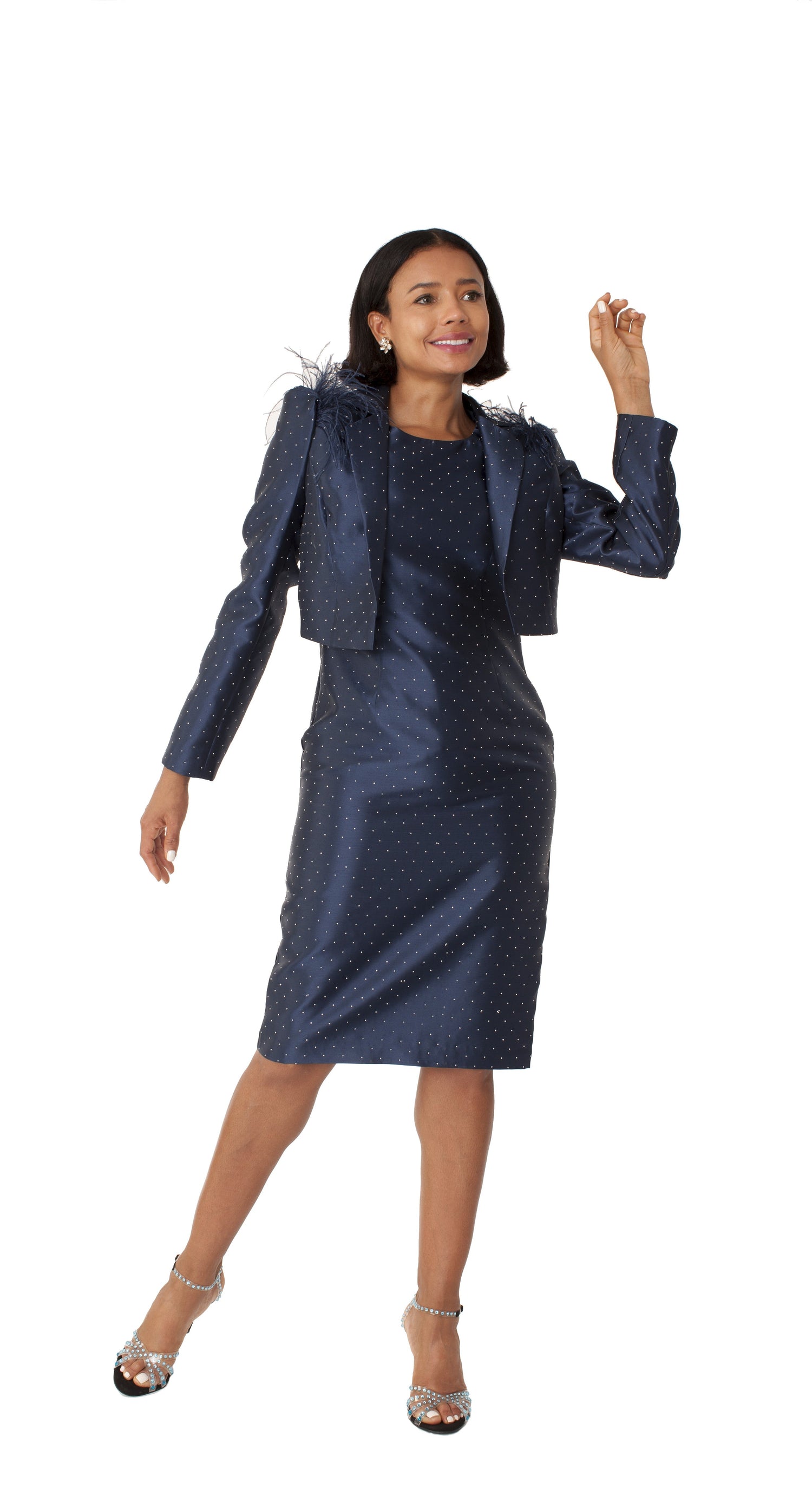 Navy Cocktail Dress and Jacket with Rhinestones &amp; Feathered Shoulders - 9766 by Tally Taylor