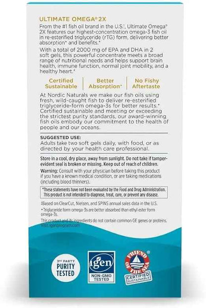 Nordic Naturals Ultimate Omega 2X, Lemon Flavor - 120 Soft Gels - 2150 mg Omega-3 - High-Potency Fish Oil with EPA &amp; DHA - Promotes Brain &amp; Heart Health - Non-GMO - 60 Servings