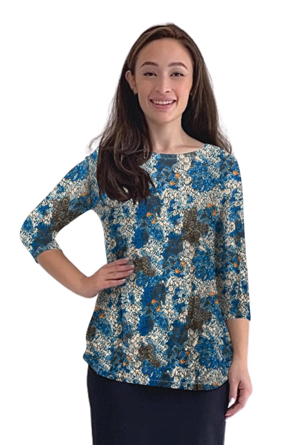 Curved Side Hem Tunic with 3/4 Sleeves and Modest Crew Neckline by Kosher Casual USA