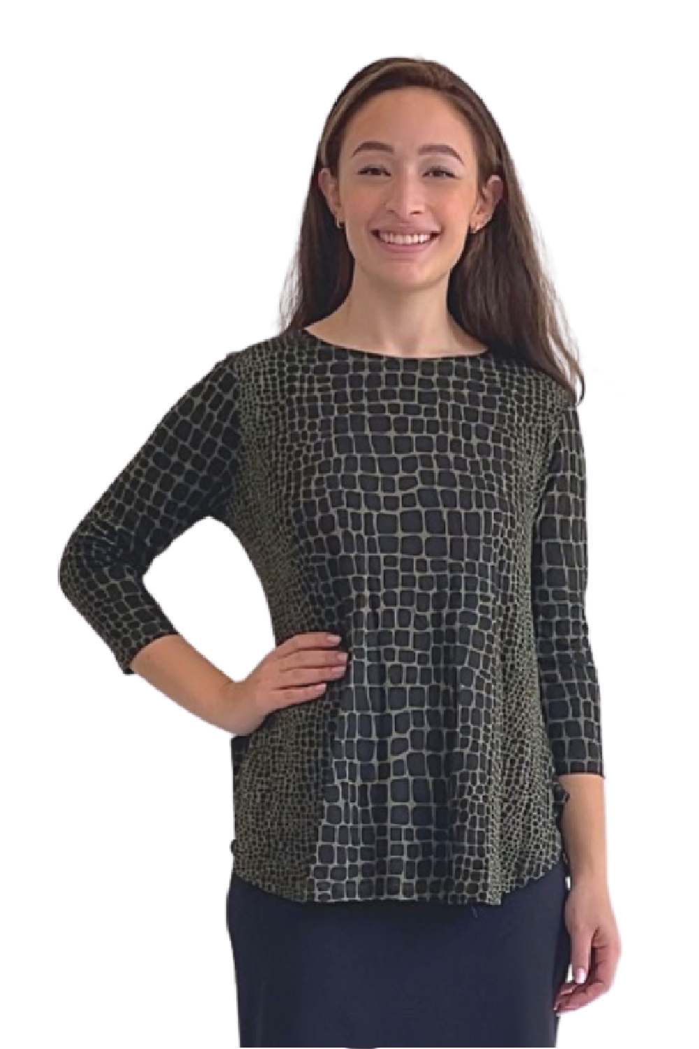 Curved Side Hem Tunic with 3/4 Sleeves and Modest Crew Neckline by Kosher Casual USA