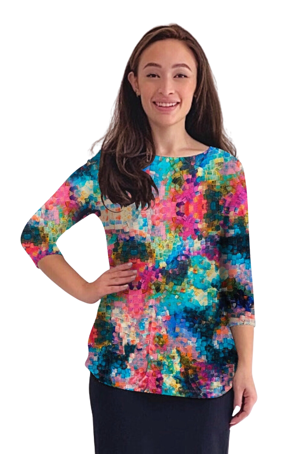 Curved Side Hem Tunic with 3/4 Sleeves and Modest Crew Neckline by Kosher Casual USA
