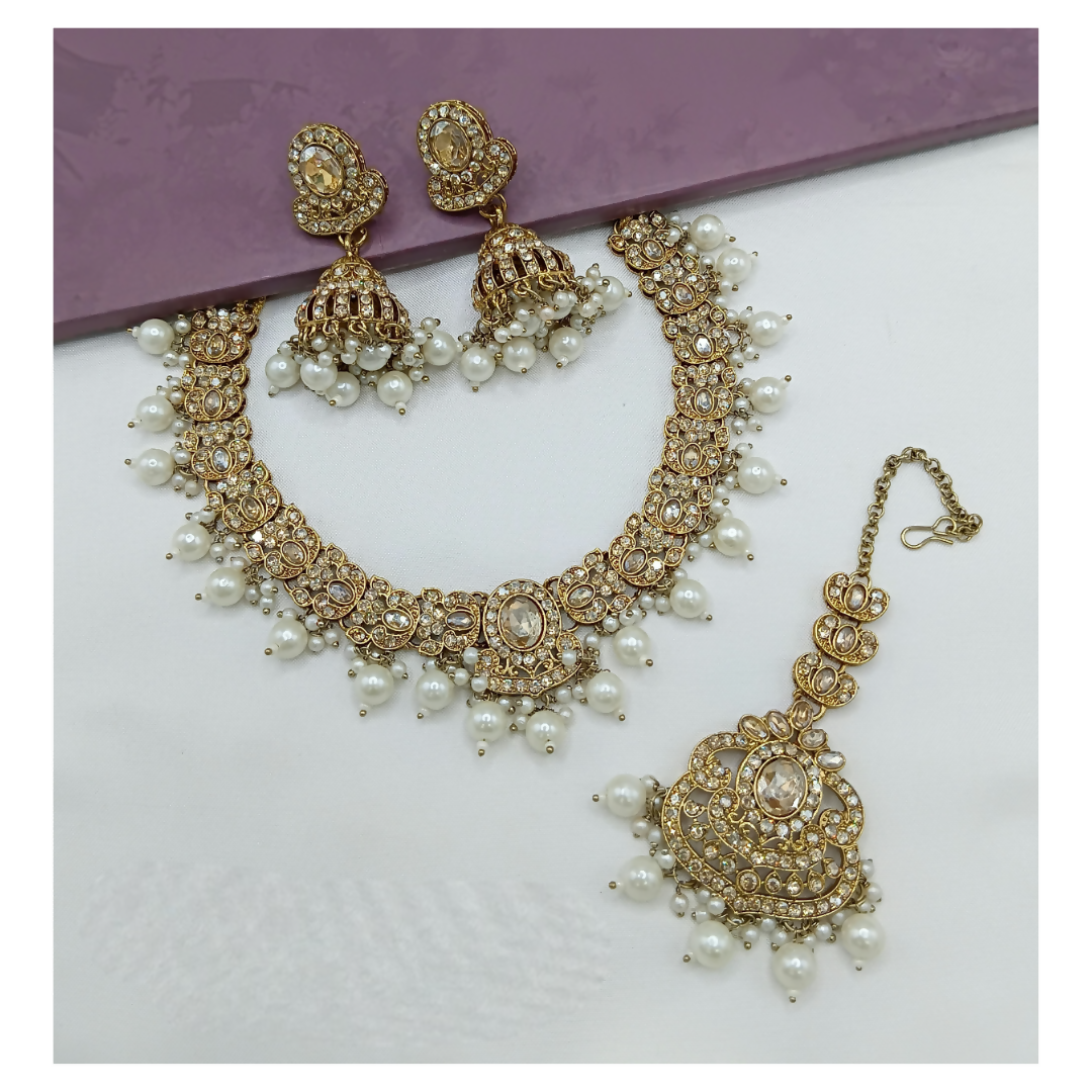 Joban Fashion Cream Stone Work Necklace Set