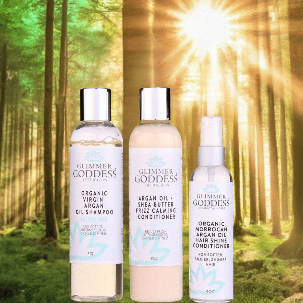 Organic Argan Oil Hair Treatment Trio - Hydrating Shampoo, Conditioner &amp; Shine Spray - DestGlow