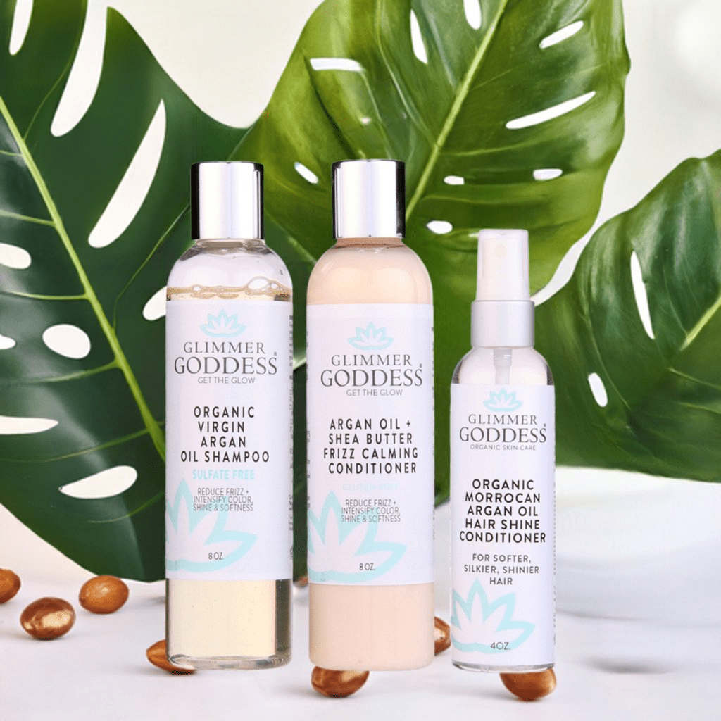 Organic Argan Oil Hair Treatment Trio - Hydrating Shampoo, Conditioner &amp; Shine Spray - DestGlow