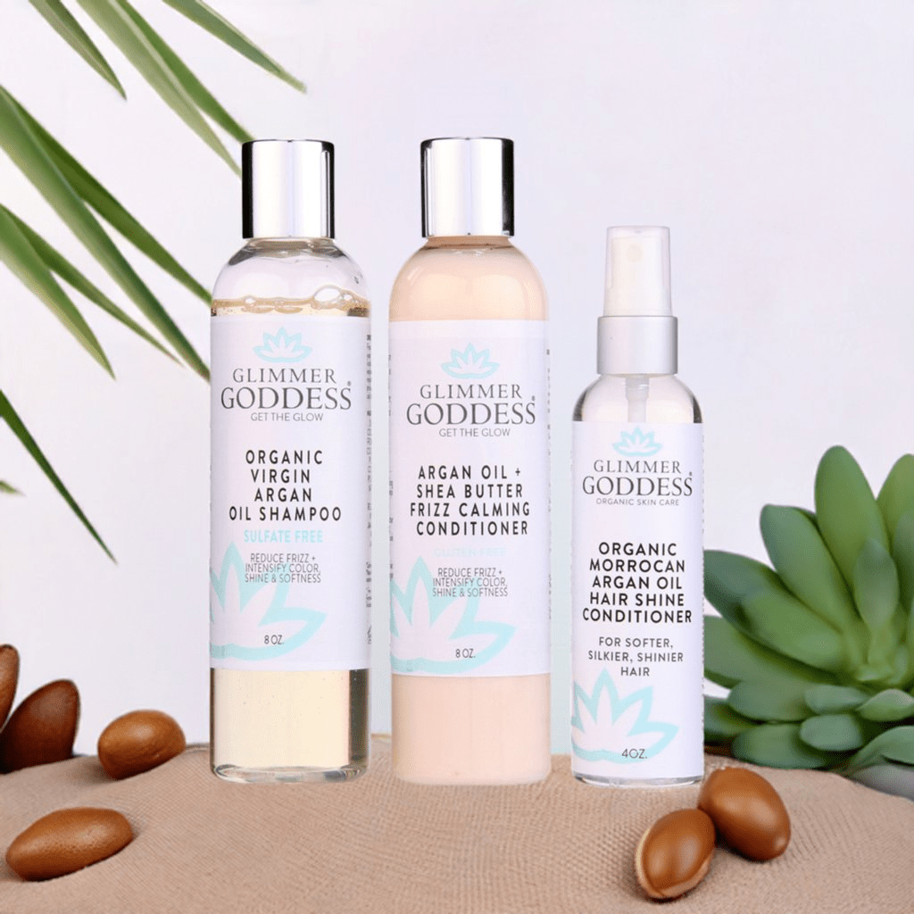 Organic Argan Oil Hair Treatment Trio - Hydrating Shampoo, Conditioner &amp; Shine Spray - DestGlow