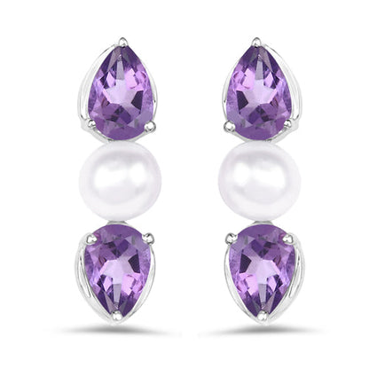 2.78 Carat Genuine Amethyst and Pearl .925 Sterling Silver Earrings  DestGlow