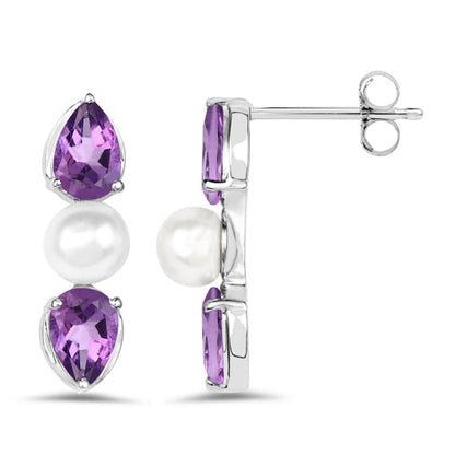 2.78 Carat Genuine Amethyst and Pearl .925 Sterling Silver Earrings  DestGlow