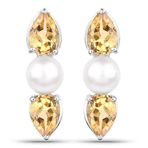 2.78 Carat Genuine Citrine and Pearl .925 Sterling Silver Earrings  DestGlow