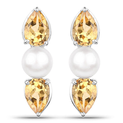 2.78 Carat Genuine Citrine and Pearl .925 Sterling Silver Earrings  DestGlow