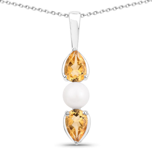 1.34 Carat Genuine Citrine and Pearl .925 Sterling Silver Pendant  DestGlow