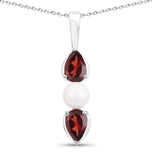 1.50 Carat Genuine Garnet and Pearl .925 Sterling Silver Pendant  DestGlow