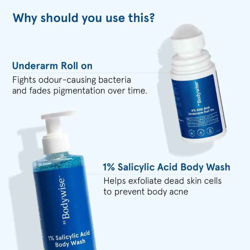BeBodywise 1% Salicylic Acid Body Wash &amp; 4% AHA BHA Underarm Roll On - Helps Exfoliate Skin