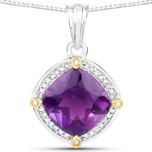 3.20 Carat Genuine Amethyst and White Diamond 18K Yellow Gold with .925 Sterling Silver Pendant  DestGlow