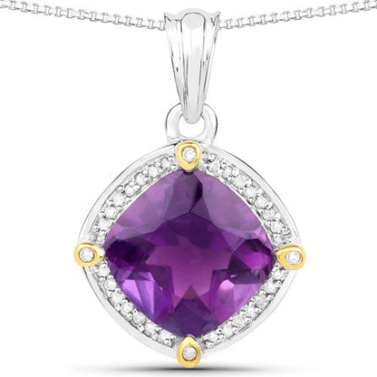 3.20 Carat Genuine Amethyst and White Diamond 18K Yellow Gold with .925 Sterling Silver Pendant  DestGlow