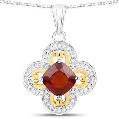 1.63 Carat Genuine Hessonite and White Diamond 18K Yellow Gold with .925 Sterling Silver Pendant