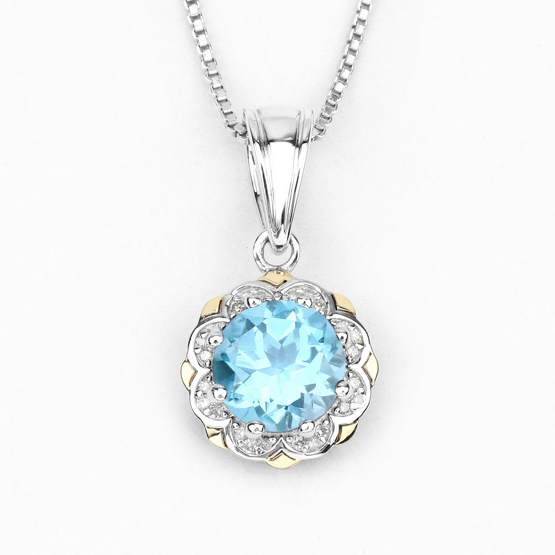 2.32 Carat Genuine Swiss Blue Topaz &amp; White Diamond 14K Yellow Gold with .925 Silver Pendant 