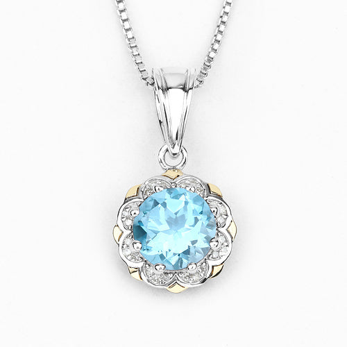2.32 Carat Genuine Swiss Blue Topaz and White Diamond 14K Yellow Gold with .925 Sterling Silver Pendant by Bids.com