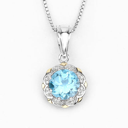 2.32 Carat Genuine Swiss Blue Topaz and White Diamond 14K Yellow Gold with .925 Sterling Silver Pendant by Bids.com