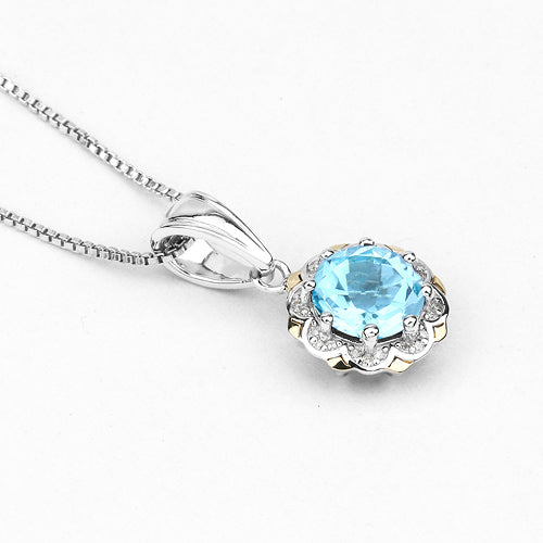 2.32 Carat Genuine Swiss Blue Topaz and White Diamond 14K Yellow Gold with .925 Sterling Silver Pendant by Bids.com